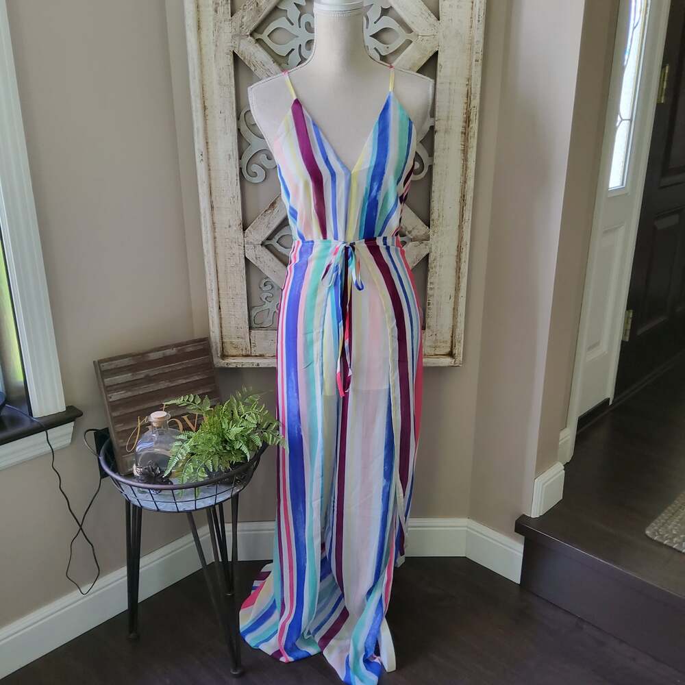 Latiste Colorful Stripe Halter Slit Pant Jumpsuit w/ Shorts Small NWT - Picture 3 of 16